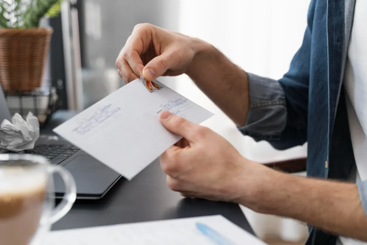 Employee mailing important wage documents, representing communication in unpaid wage and compensation claims.