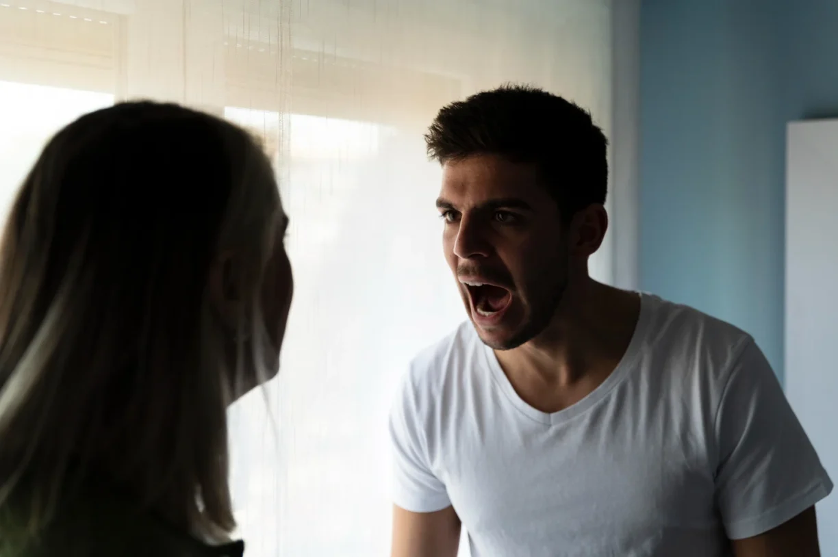 Man yelling during a heated argument, illustrating verbal abuse, emotional distress, and hostile behaviour.