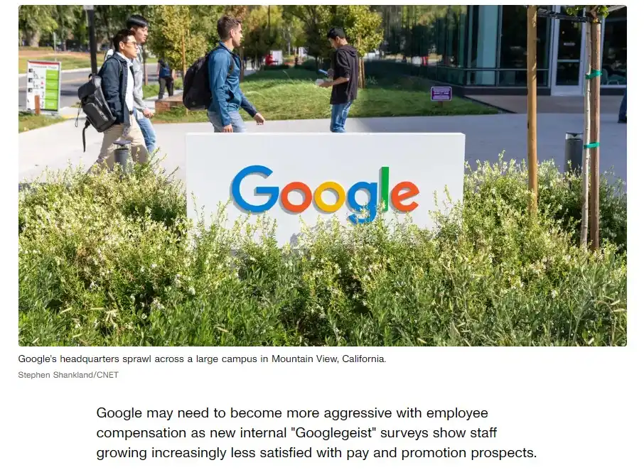 Google headquarters in Mountain View highlighting employee compensation and workplace policy issues