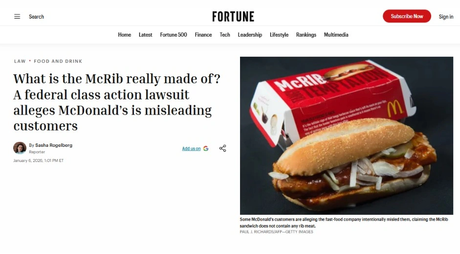 News article covering a federal class action lawsuit against McDonald’s
